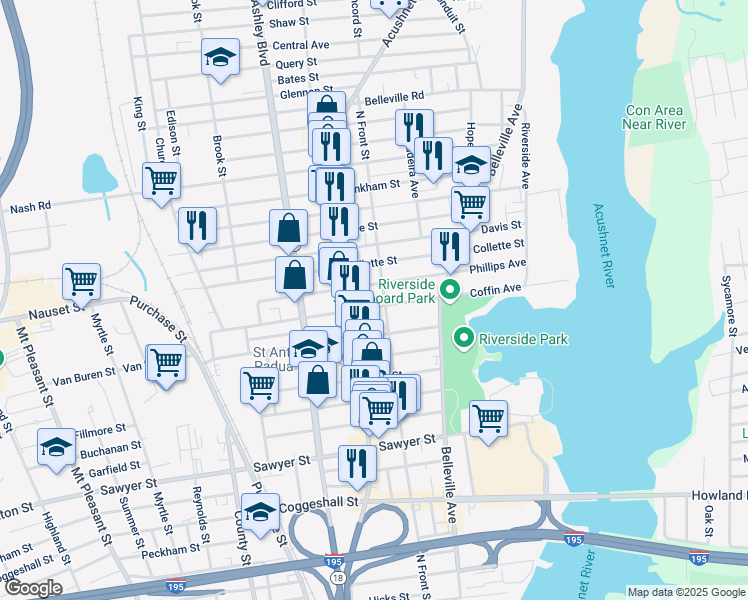 map of restaurants, bars, coffee shops, grocery stores, and more near 194 Phillips Avenue in New Bedford