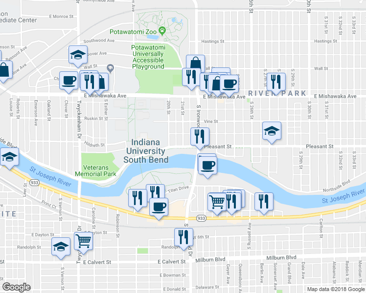 map of restaurants, bars, coffee shops, grocery stores, and more near 1199 21st Street in South Bend