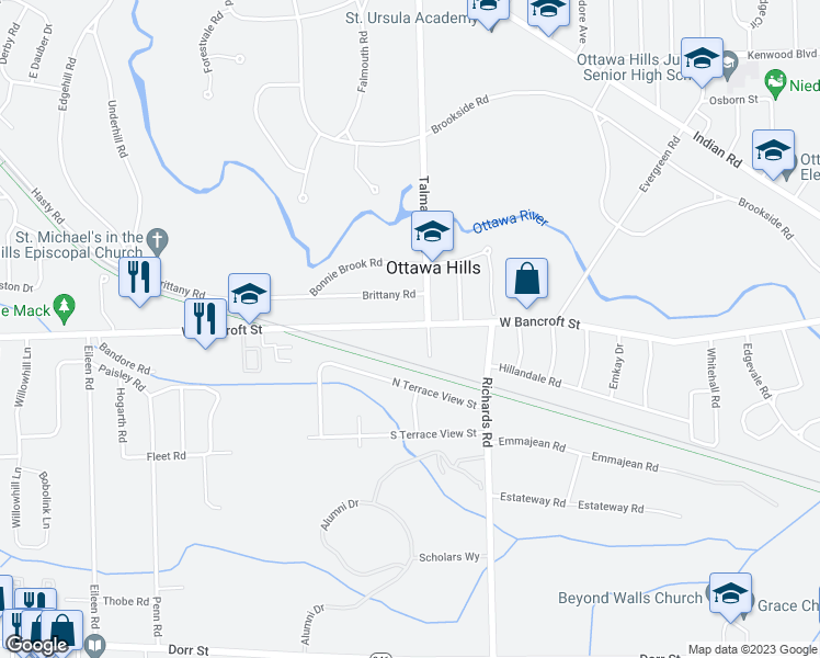 map of restaurants, bars, coffee shops, grocery stores, and more near 4343 West Bancroft Street in Toledo