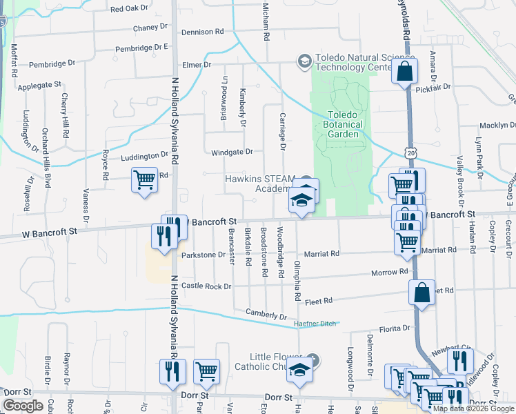map of restaurants, bars, coffee shops, grocery stores, and more near 5707 Pinecroft Court in Toledo