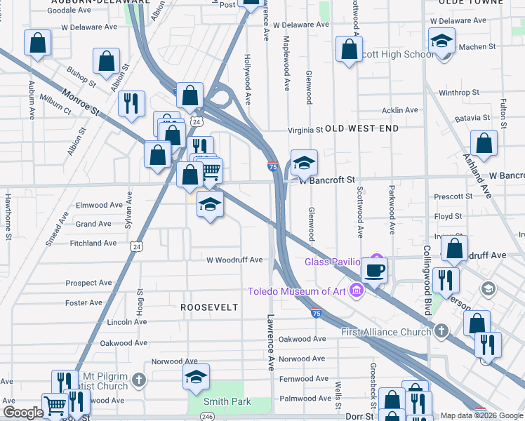 map of restaurants, bars, coffee shops, grocery stores, and more near 2704 Monroe Street in Toledo