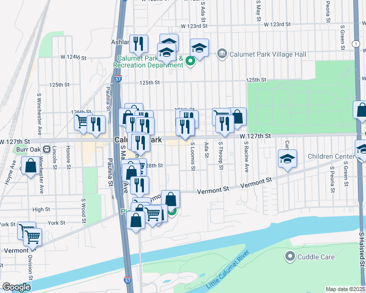 map of restaurants, bars, coffee shops, grocery stores, and more near 12711 Bishop Street in Calumet Park