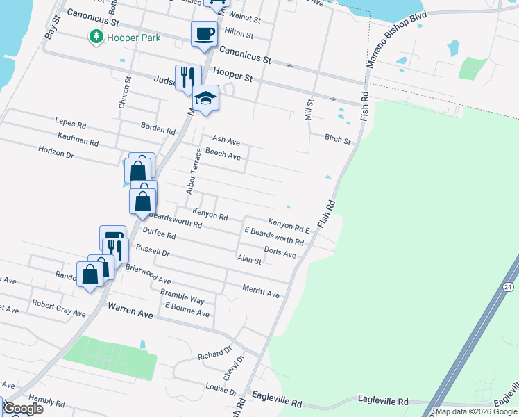 map of restaurants, bars, coffee shops, grocery stores, and more near 105 Fir Avenue in Tiverton