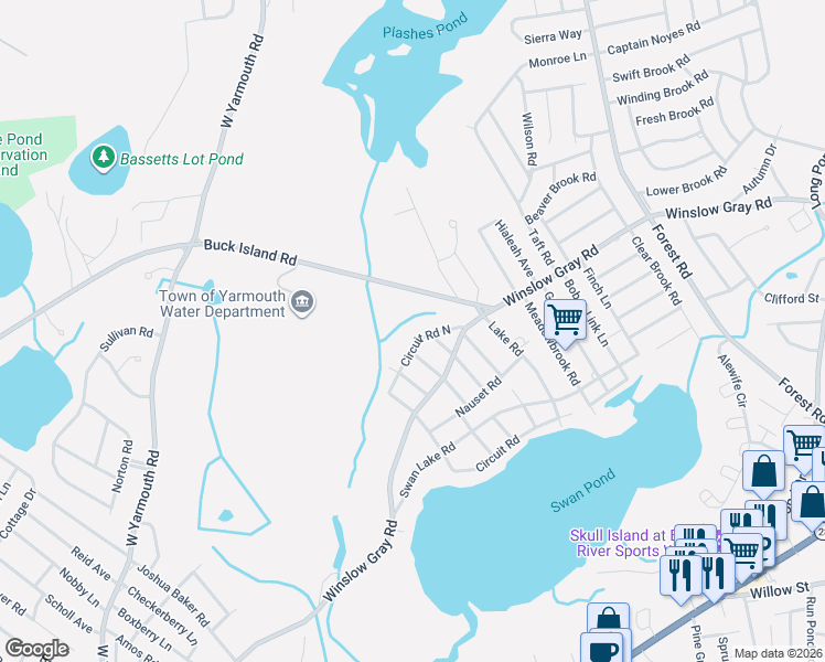 map of restaurants, bars, coffee shops, grocery stores, and more near 33 Circuit Road North in Yarmouth