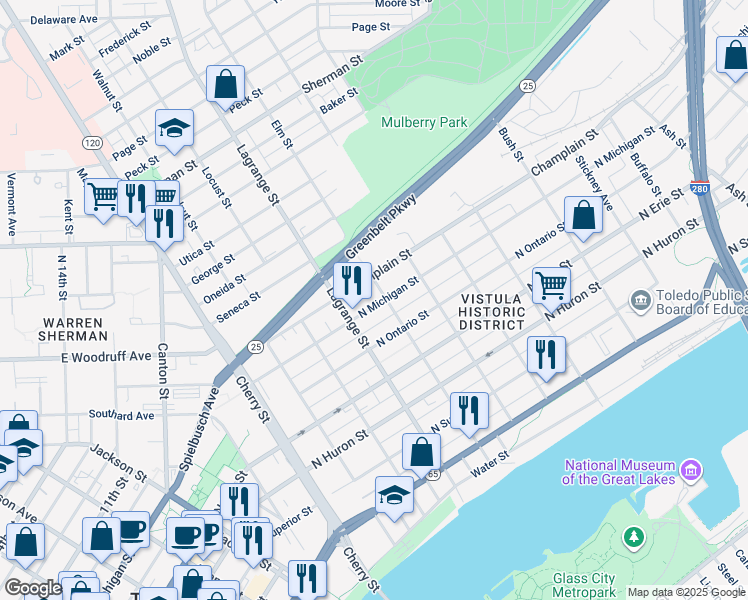 map of restaurants, bars, coffee shops, grocery stores, and more near 1027 North Michigan Street in Toledo