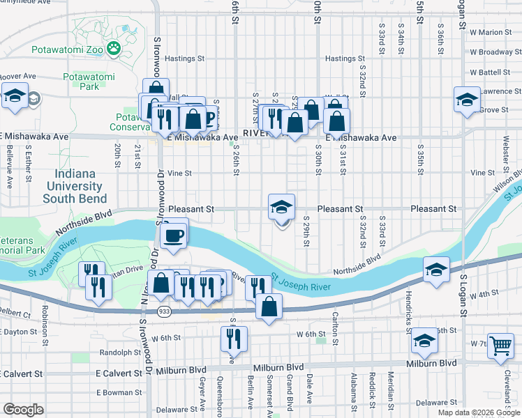 map of restaurants, bars, coffee shops, grocery stores, and more near 2699 Pleasant St in South Bend