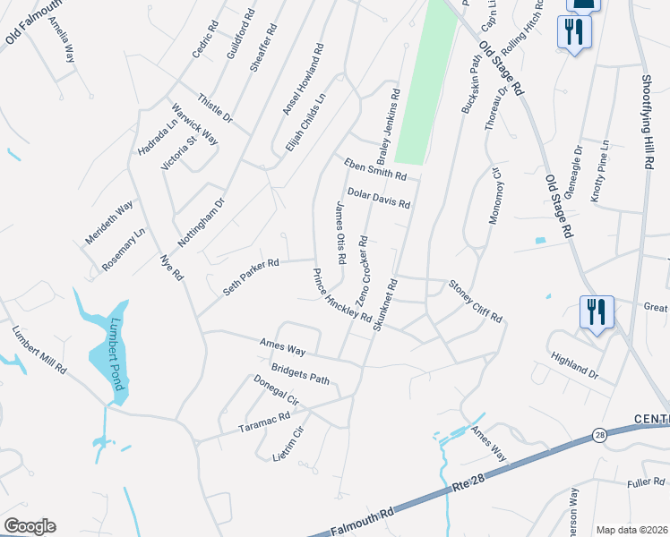 map of restaurants, bars, coffee shops, grocery stores, and more near 135 James Otis Road in Barnstable