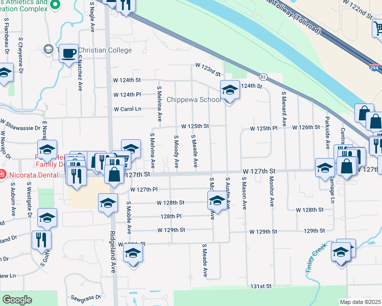 map of restaurants, bars, coffee shops, grocery stores, and more near 12600 South Meade Avenue in Palos Heights