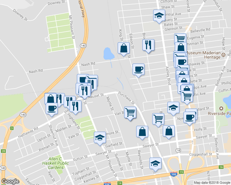 map of restaurants, bars, coffee shops, grocery stores, and more near 2740 Purchase Street in New Bedford