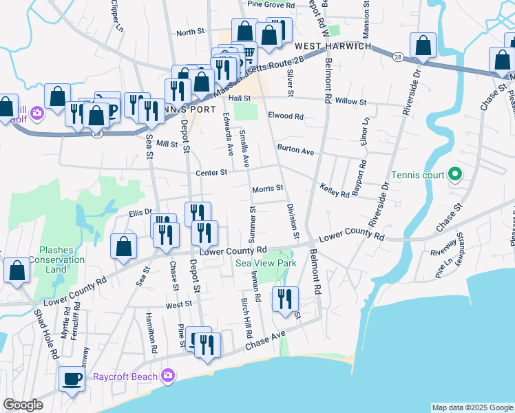 map of restaurants, bars, coffee shops, grocery stores, and more near 19 Arden Road in Dennis