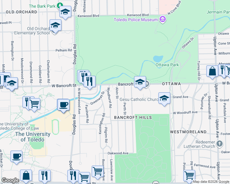 map of restaurants, bars, coffee shops, grocery stores, and more near 2145 Alvin Street in Toledo