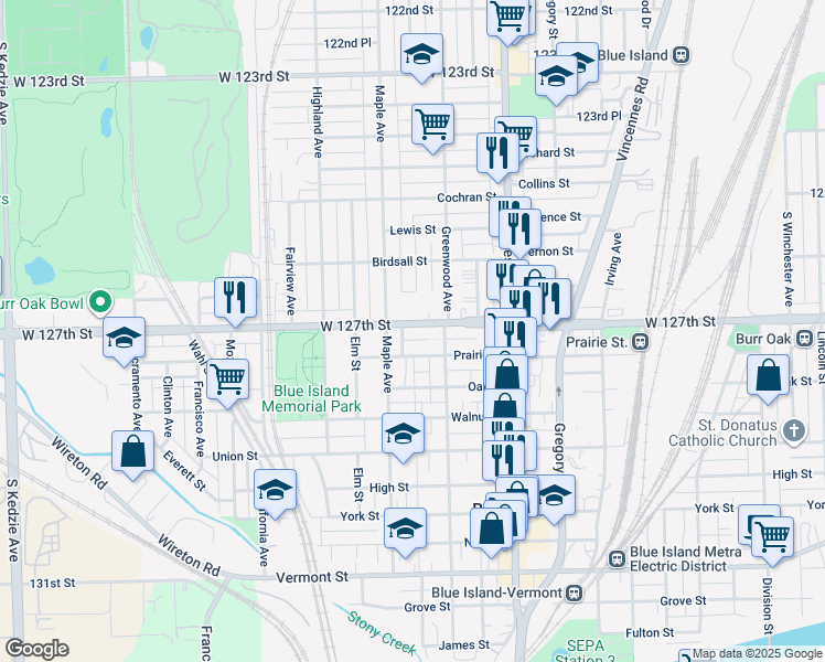 map of restaurants, bars, coffee shops, grocery stores, and more near 2533 Burr Oak Avenue in Blue Island
