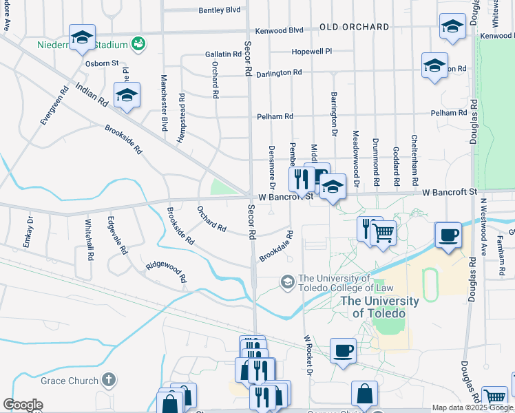 map of restaurants, bars, coffee shops, grocery stores, and more near 2133 Audubon Place in Toledo