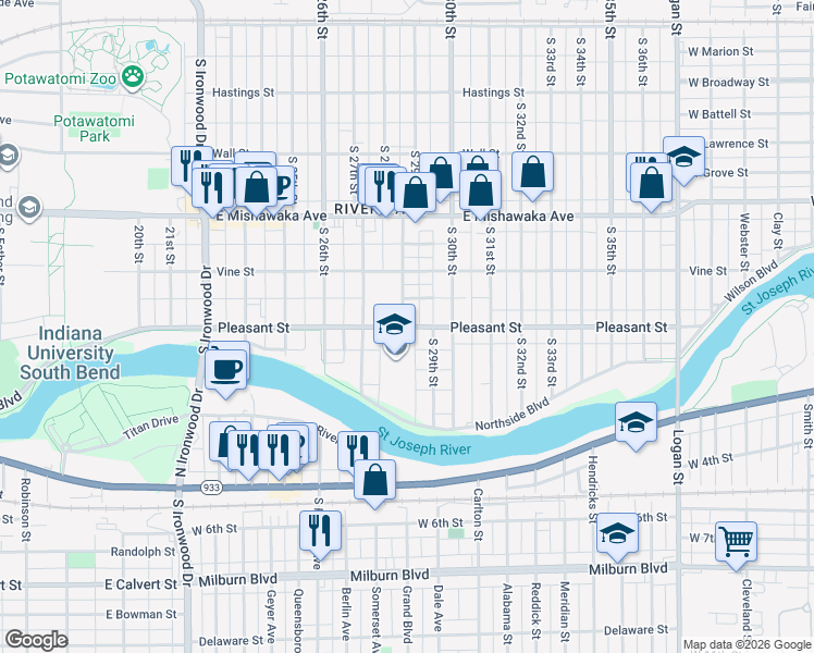 map of restaurants, bars, coffee shops, grocery stores, and more near 2813 Pleasant Street in South Bend