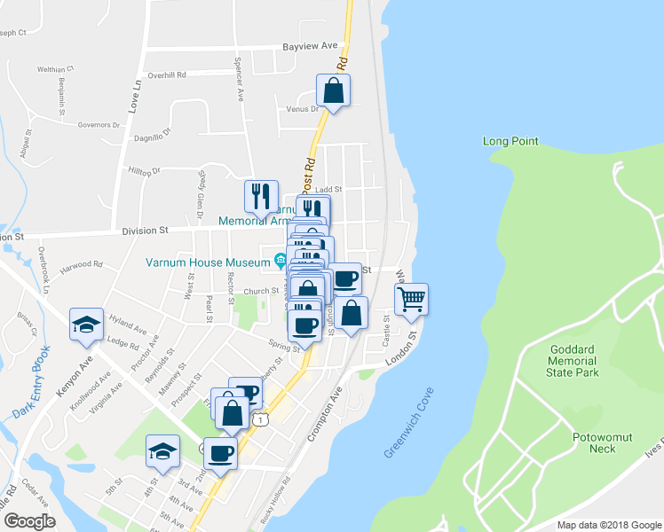 map of restaurants, bars, coffee shops, grocery stores, and more near 46 Marlborough Street in East Greenwich