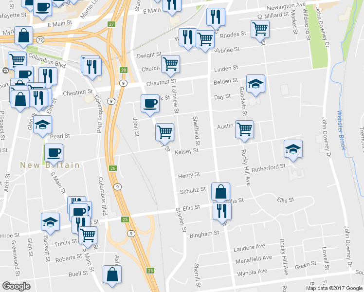 map of restaurants, bars, coffee shops, grocery stores, and more near 11 Fairview Street in New Britain
