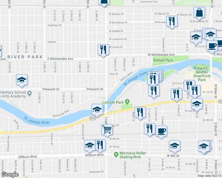 map of restaurants, bars, coffee shops, grocery stores, and more near 1066 Pleasant Street in Mishawaka