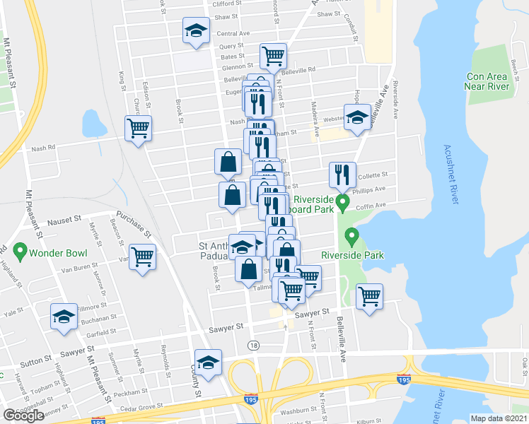 map of restaurants, bars, coffee shops, grocery stores, and more near 1525 Acushnet Avenue in New Bedford