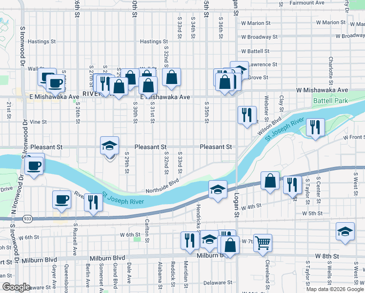 map of restaurants, bars, coffee shops, grocery stores, and more near 3317 Pleasant Street in South Bend