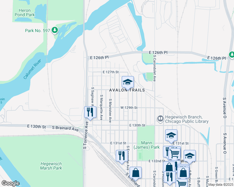 map of restaurants, bars, coffee shops, grocery stores, and more near 12808 South Muskegon Avenue in Chicago