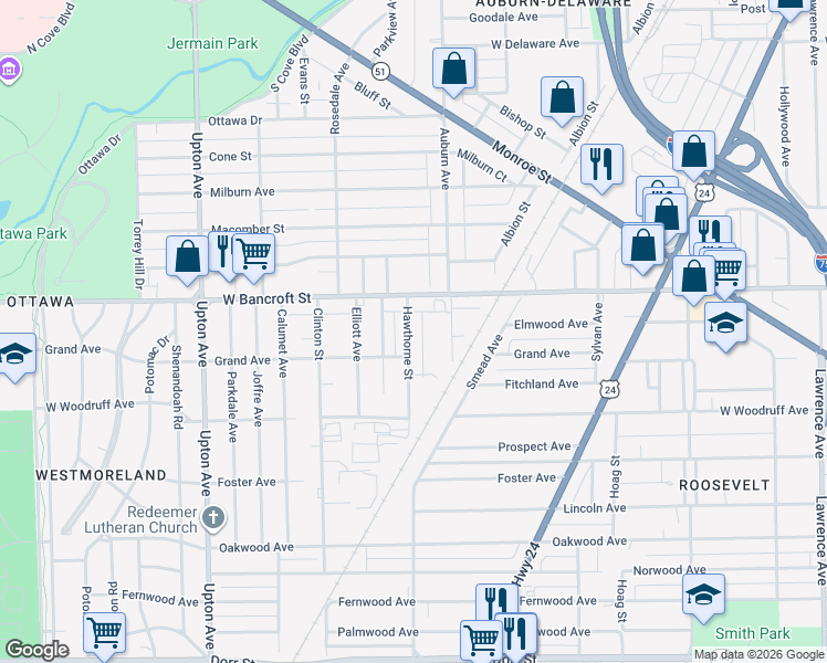 map of restaurants, bars, coffee shops, grocery stores, and more near 2132 Hawthorne Street in Toledo