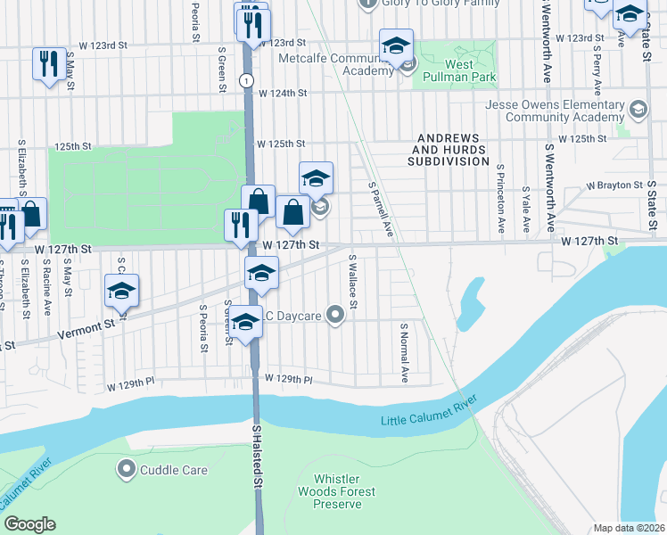 map of restaurants, bars, coffee shops, grocery stores, and more near 12727 South Lowe Avenue in Chicago