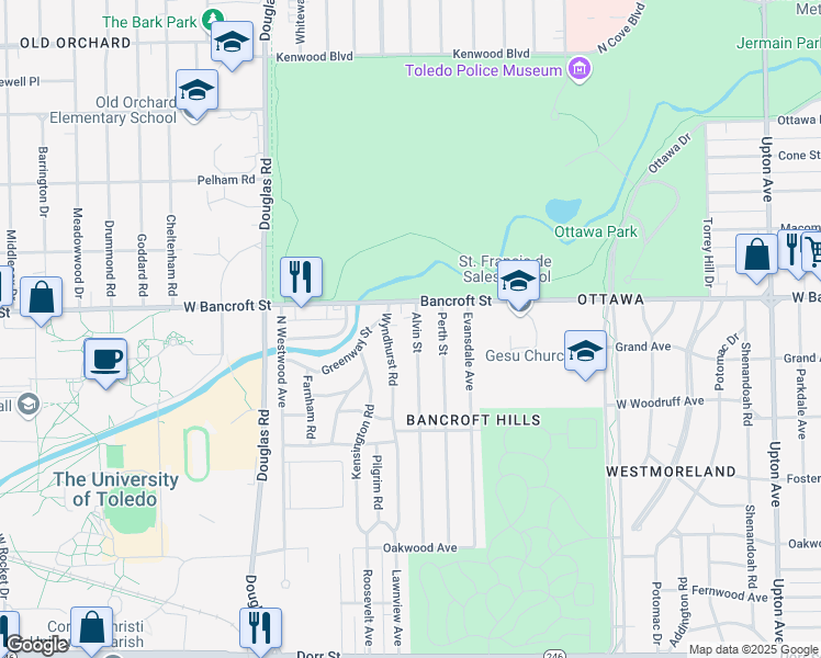 map of restaurants, bars, coffee shops, grocery stores, and more near 2145 Alvin Street in Toledo