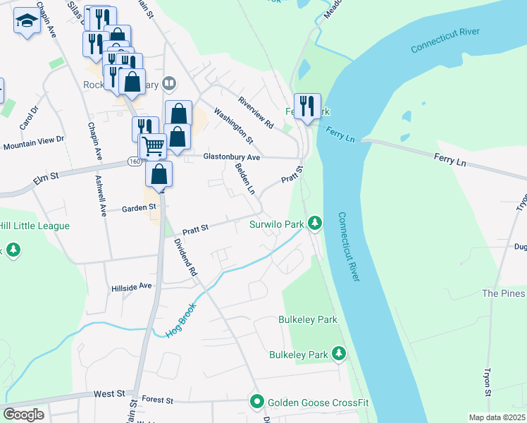 map of restaurants, bars, coffee shops, grocery stores, and more near 43 Pratt Street in Rocky Hill