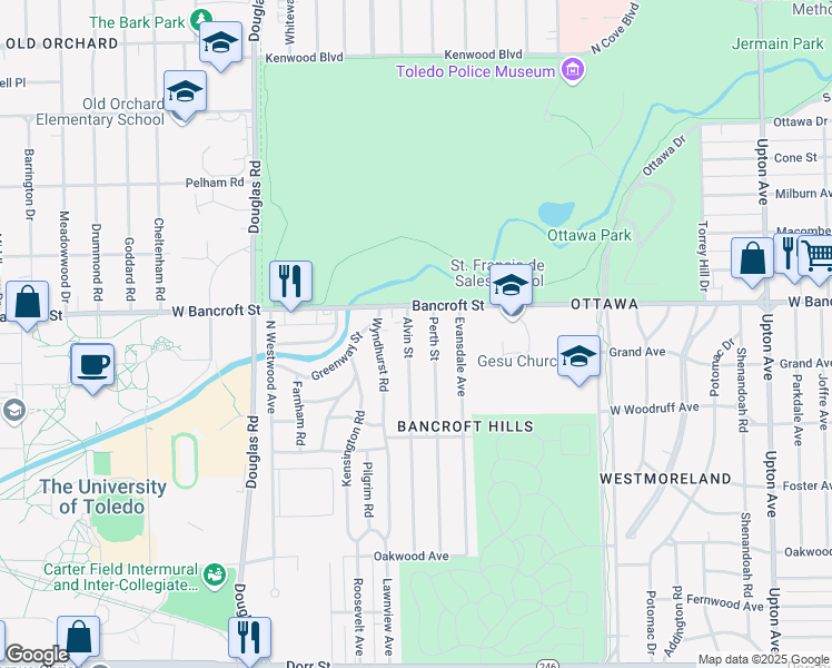 map of restaurants, bars, coffee shops, grocery stores, and more near 2146 Alvin Street in Toledo