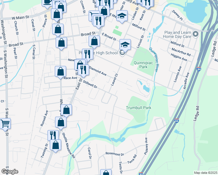 map of restaurants, bars, coffee shops, grocery stores, and more near 144 Laurel Court in Plainville