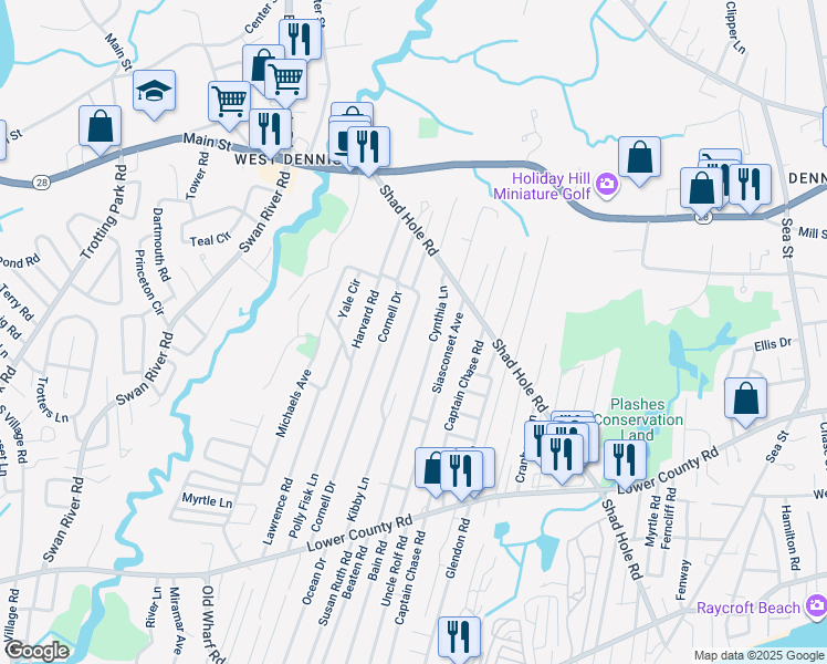 map of restaurants, bars, coffee shops, grocery stores, and more near 108 Kibby Lane in Dennis Port