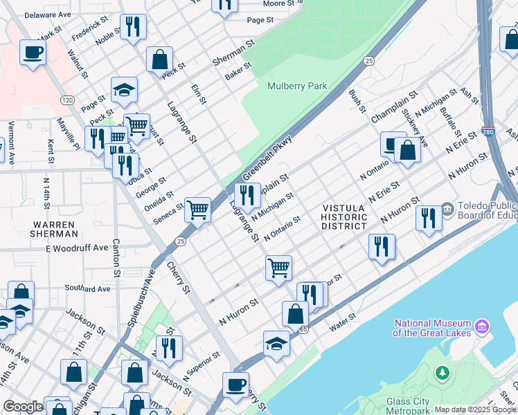 map of restaurants, bars, coffee shops, grocery stores, and more near 1027 North Michigan Street in Toledo