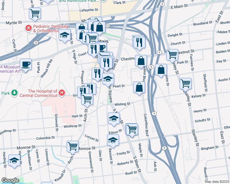 map of restaurants, bars, coffee shops, grocery stores, and more near 66 Franklin Square in New Britain