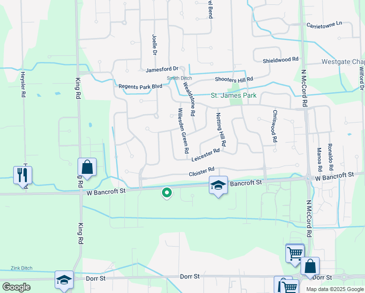 map of restaurants, bars, coffee shops, grocery stores, and more near 2325 Willesden Green Road in Toledo
