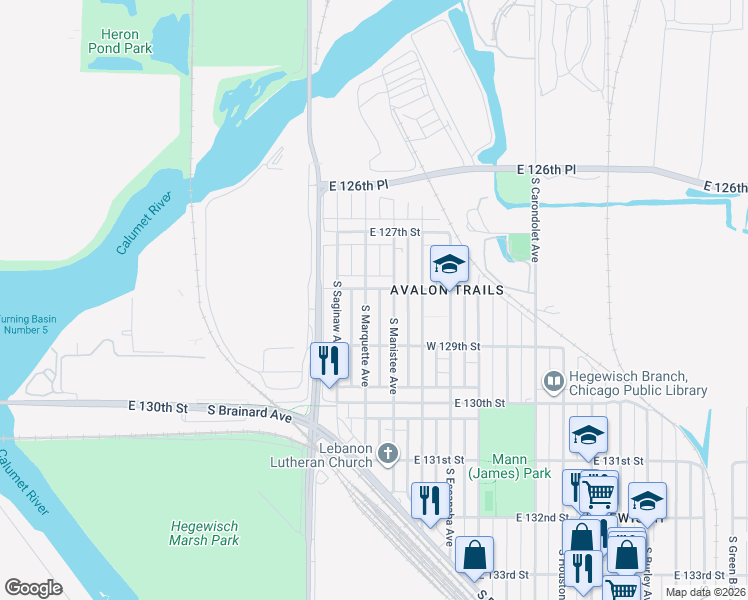 map of restaurants, bars, coffee shops, grocery stores, and more near 12809 South Marquette Avenue in Chicago