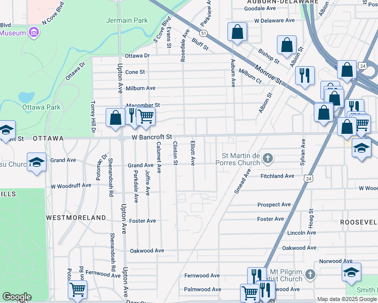map of restaurants, bars, coffee shops, grocery stores, and more near 2127 Elliott Avenue in Toledo