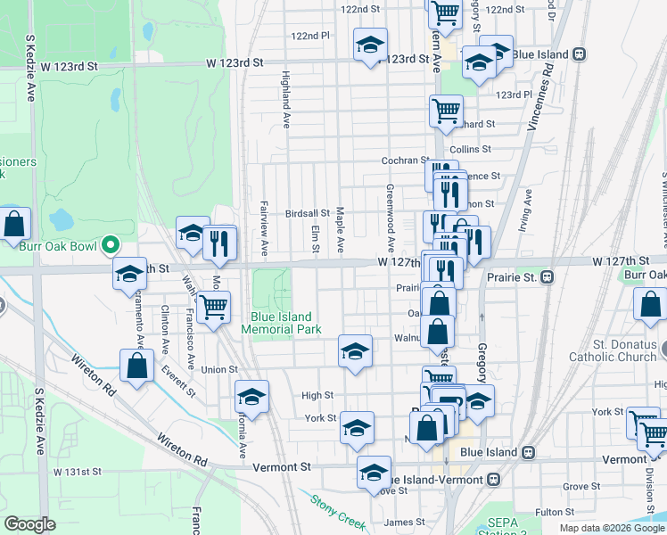 map of restaurants, bars, coffee shops, grocery stores, and more near 12702 Maple Avenue in Blue Island