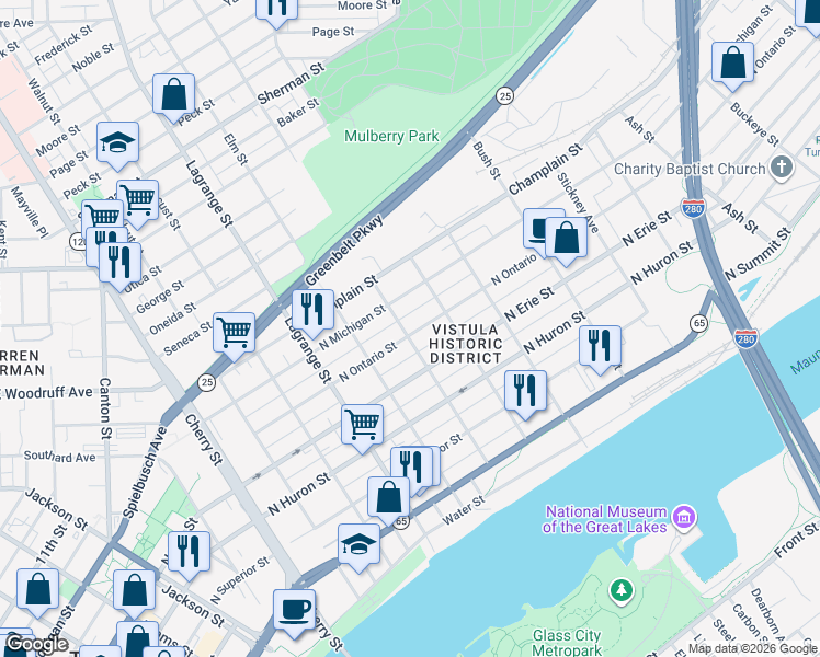 map of restaurants, bars, coffee shops, grocery stores, and more near 802 Chestnut St in Toledo