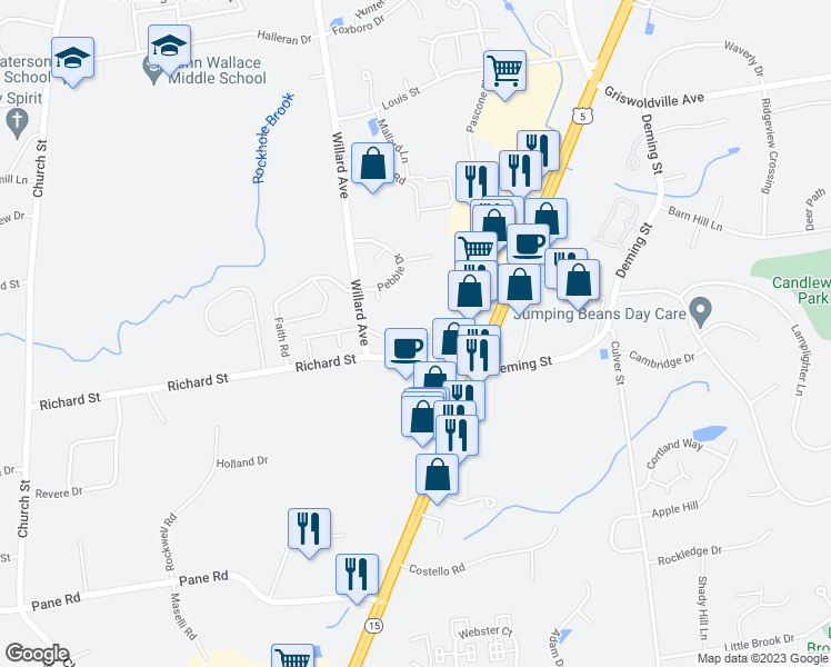 map of restaurants, bars, coffee shops, grocery stores, and more near 22 Gloucester Court in Newington