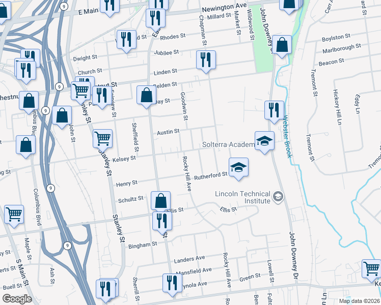 map of restaurants, bars, coffee shops, grocery stores, and more near 189 Kelsey Street in New Britain
