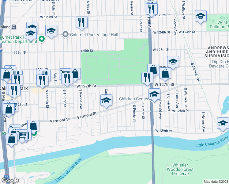 map of restaurants, bars, coffee shops, grocery stores, and more near 12720 South Morgan Street in Chicago