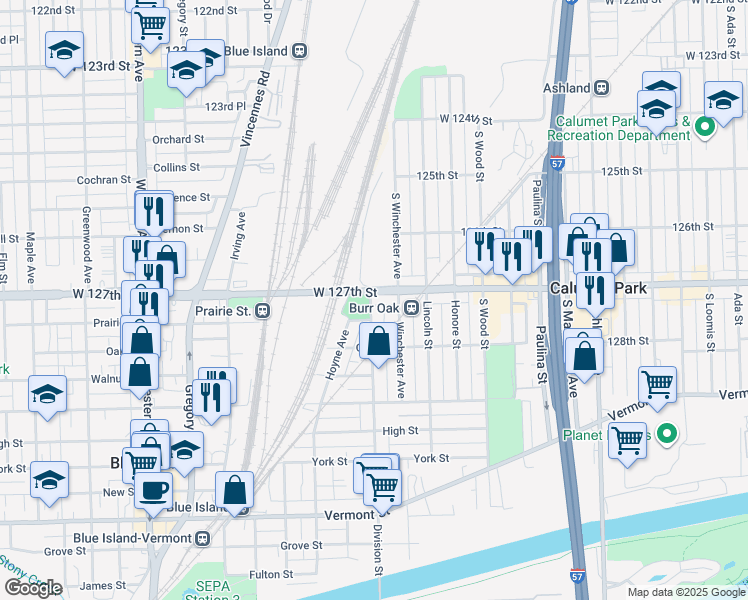 map of restaurants, bars, coffee shops, grocery stores, and more near 1955 Burr Oak Avenue in Blue Island