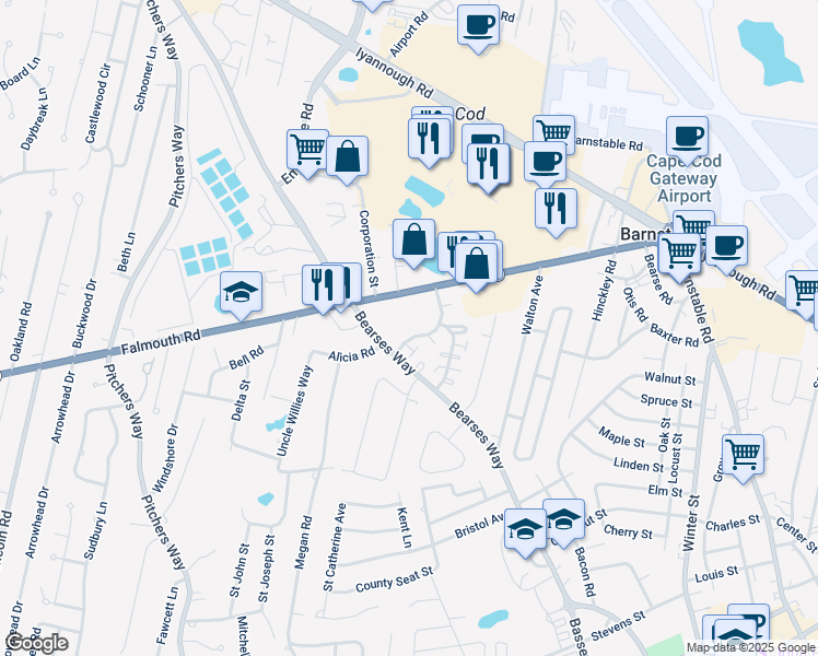 map of restaurants, bars, coffee shops, grocery stores, and more near 17 Hiramar Road in Barnstable
