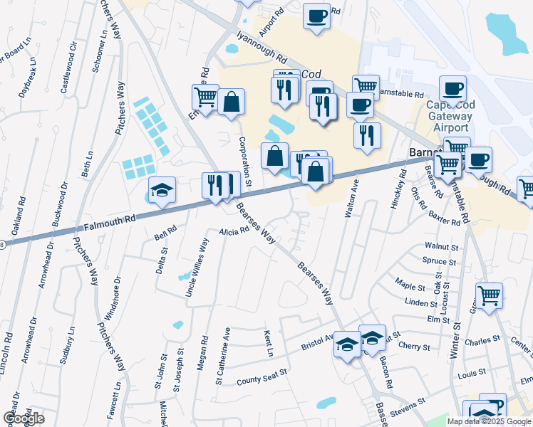 map of restaurants, bars, coffee shops, grocery stores, and more near 17 Hiramar Road in Barnstable