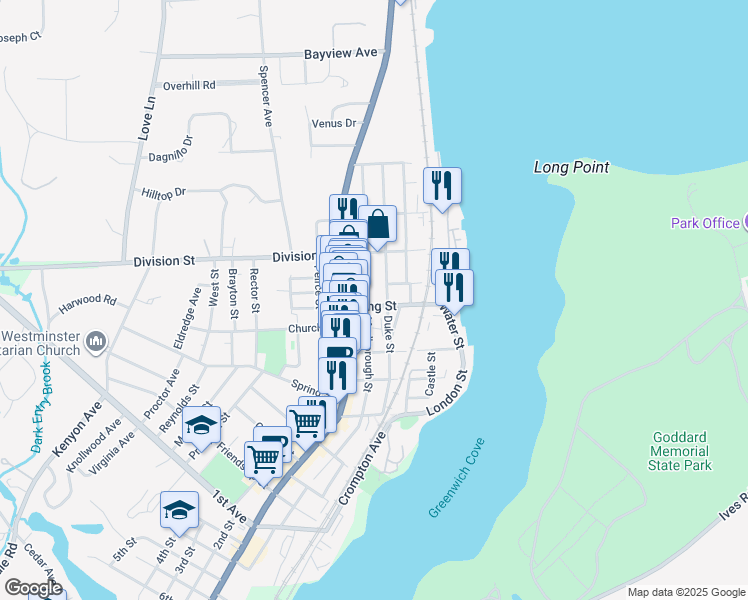 map of restaurants, bars, coffee shops, grocery stores, and more near 6 King Street in East Greenwich