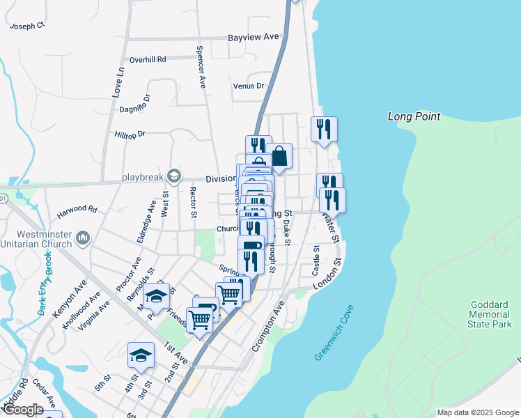 map of restaurants, bars, coffee shops, grocery stores, and more near 6 King Street in East Greenwich