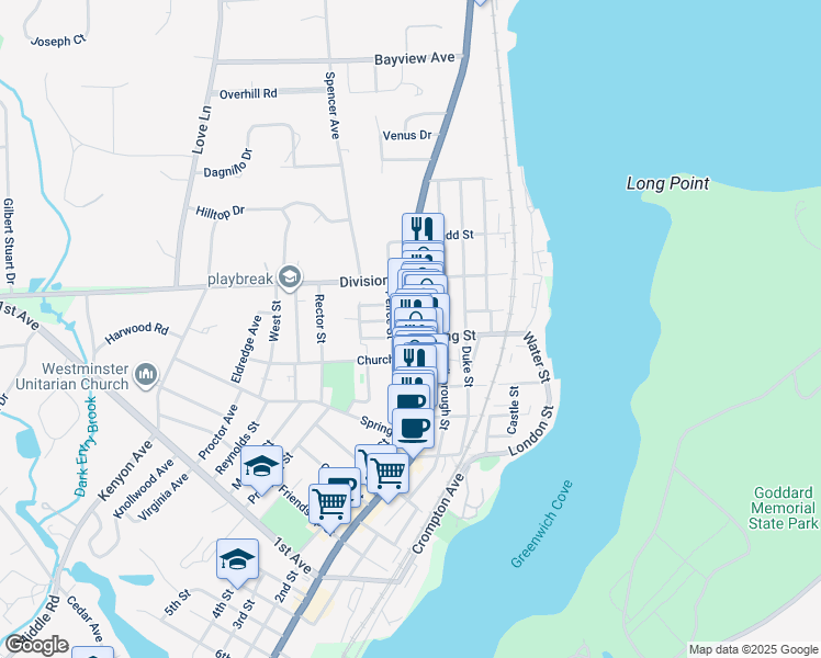 map of restaurants, bars, coffee shops, grocery stores, and more near 21 Court House Lane in East Greenwich