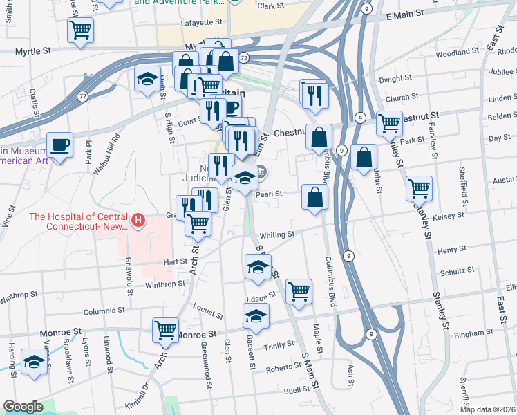 map of restaurants, bars, coffee shops, grocery stores, and more near in New Britain