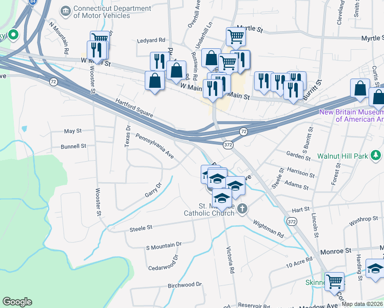 map of restaurants, bars, coffee shops, grocery stores, and more near 10 New Hampshire Drive in New Britain