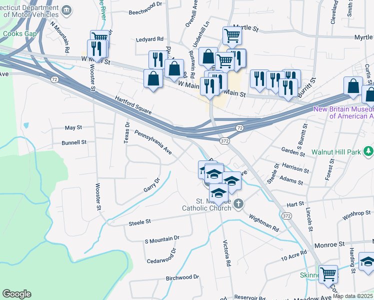 map of restaurants, bars, coffee shops, grocery stores, and more near 10 New Hampshire Drive in New Britain